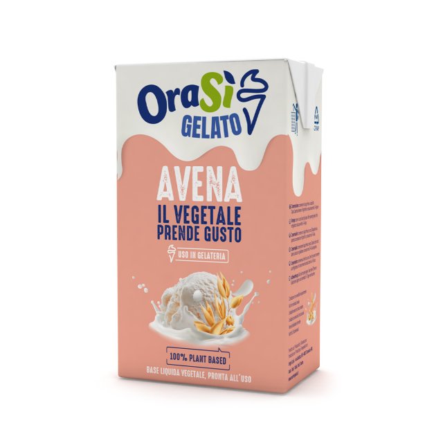 Brique Tetra Pak OraSì Gelato Avena, base d'avoine 100% végétale couleur pêche pour glaces.