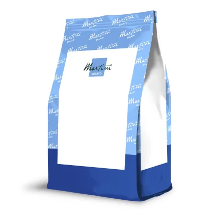 Maquette de sachet debout bleu et blanc avec la marque "Martini Gelato" et espace d'étiquette vierge pour design prod...