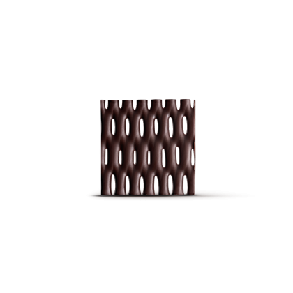 Panneau rectangulaire brun foncé à motif tressé façon panier, perforations ovales verticales, fond blanc