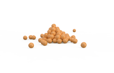 Pile en forme de pyramide de sphères beige brillantes sur fond blanc, avec quelques sphères éparses autour