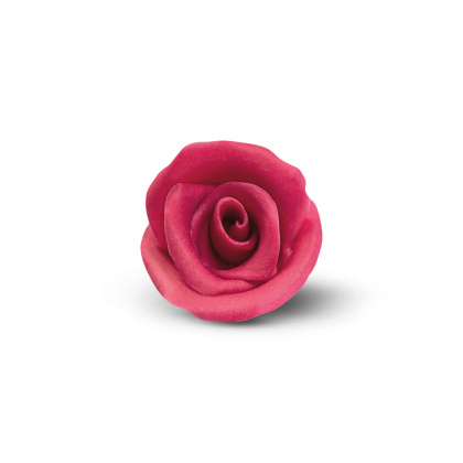 Une rose rose foncé, probablement en pâte à sucre ou en gum paste, sur fond blanc.