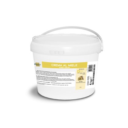 Seau plastique blanc de 6 kg avec poignée, étiqueté "Crema al Miele" crème de miel pour pâtisserie professionnelle