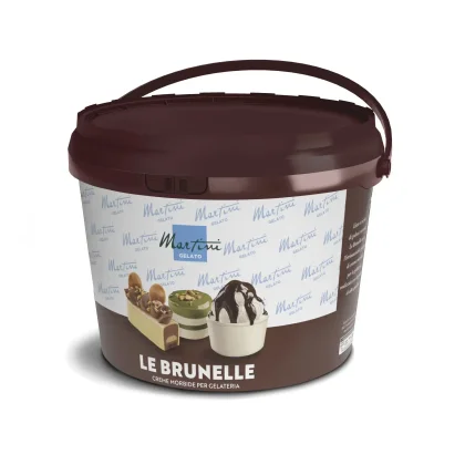Seau plastique marron de crème onctueuse Martini Gelato « Le Brunelle », étiqueté noisette, pistache et chocolat