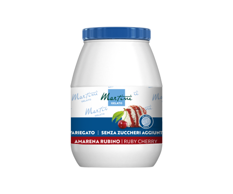 Pot plastique blanc de Martini Gelato à couvercle bleu, étiqueté Amarena Rubino saveur cerise, sans sucre ajouté