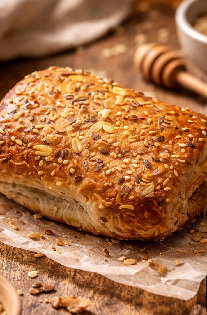 Pain multigrains au sésame, avoine et lin sur papier sulfurisé, avec une cuillère à miel et des céréales.