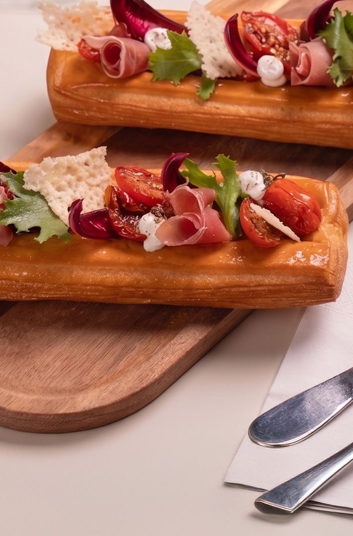 Deux tartelettes en pâte feuilletée garnies de prosciutto, tomates cerises, jeunes pousses et copeaux de fromage sur ...