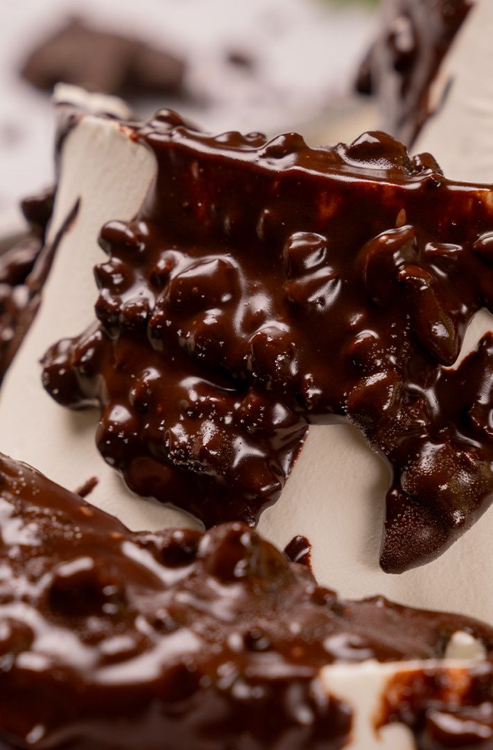 Gros plan sur une écorce de chocolat brisée, chocolat noir brillant et éclats de noix sur base de chocolat blanc