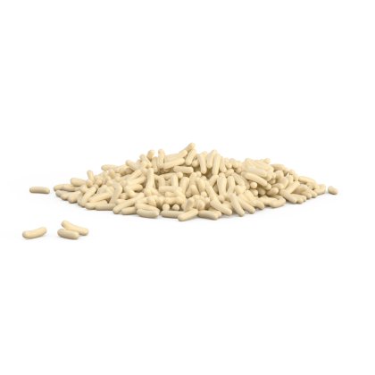 Petit tas de granulés cylindriques couleur crème sur fond blanc, avec quelques morceaux éparpillés à proximité.
